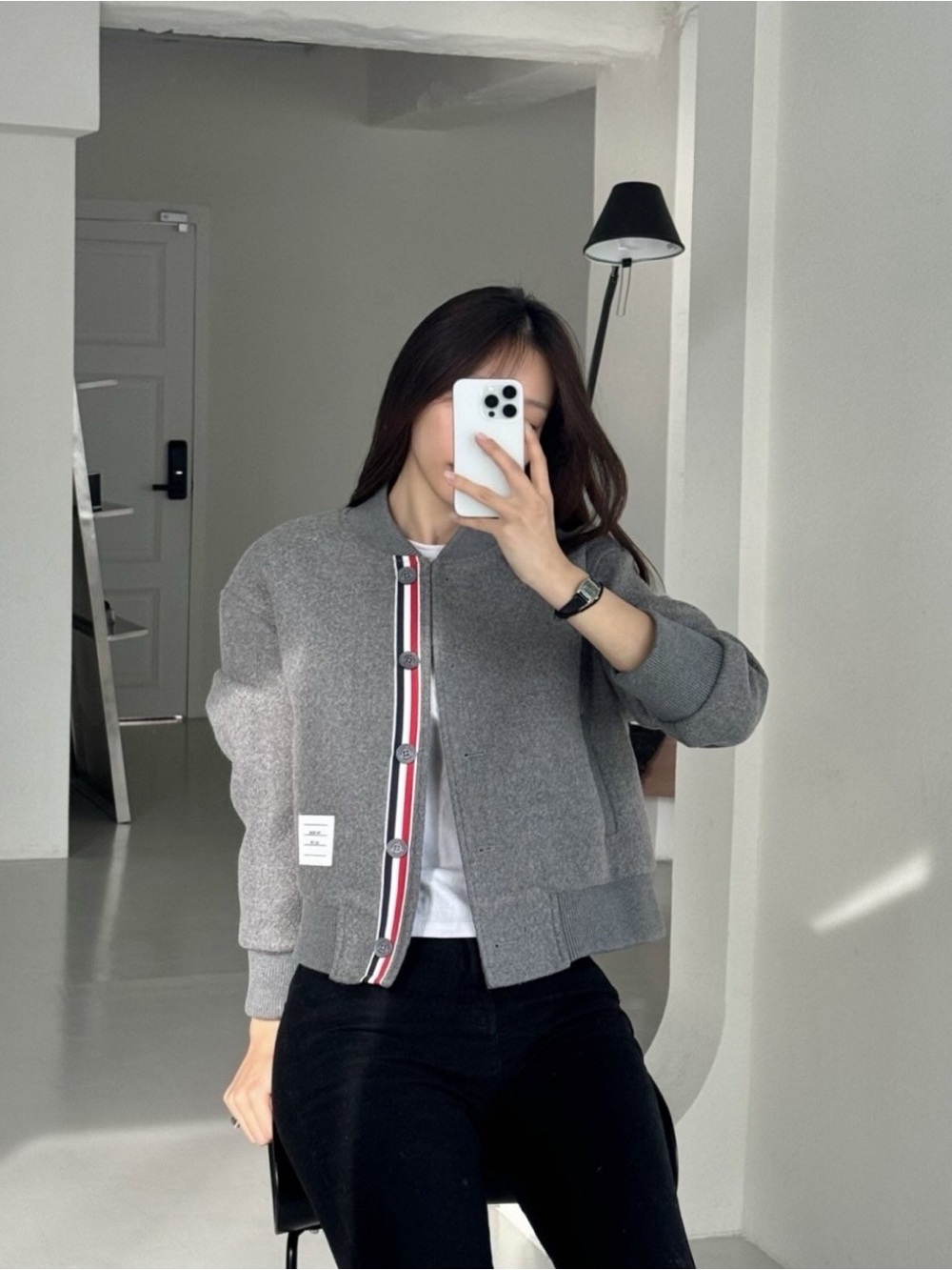 Thom Browne 4-Bar Stripe Cardigan Gray from small to medium size. Women. New